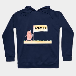 ACНILLA name. Personalized gift for birthday your friend. Cat character holding a banner Hoodie